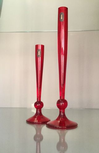 2 Vintage Whitefriars Ruby Red Bud Vases - Mid Century Art Glass Made In England