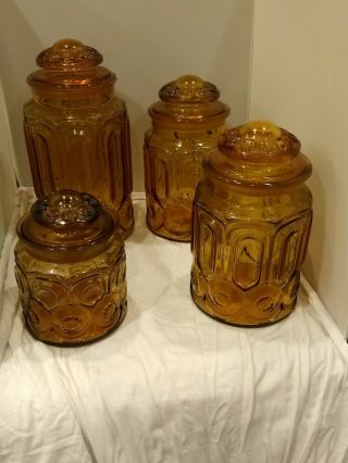 Vintage Le Smith Glass Honey Amber Moon & Stars 4 Piece Canister Set