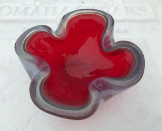 Vintage 4 " Mcm Murano Glass Opalescent Red Dish Ash Tray Bubbles Dots Barbini