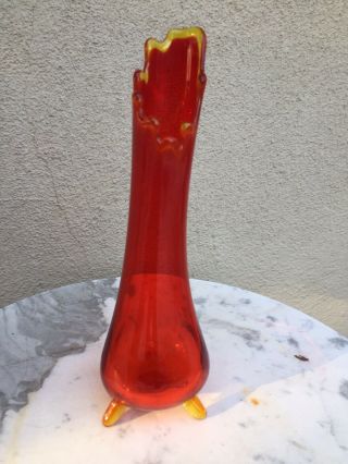 Vintage Mid Century Modern Le Smith Amberina Swung Art Glass Vase 3 Footed Base