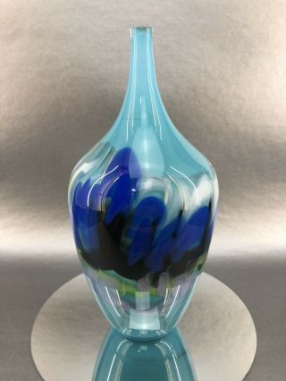 Signed Artist Taylor Hand Blown 10” Multi Blue Aqua Vase Studio Art Glass