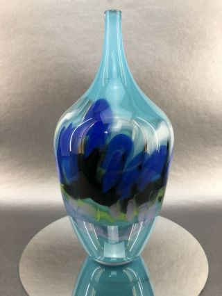 Signed Artist Taylor Hand Blown 10” Multi Blue Aqua Vase Studio Art Glass 2