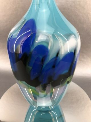 Signed Artist Taylor Hand Blown 10” Multi Blue Aqua Vase Studio Art Glass 3