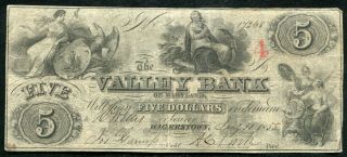1855 $5 The Valley Bank Of Hagerstown,  Md Obsolete Currency Note (c)
