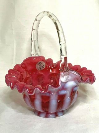 Fenton Cranberry Opalescent Art Glass Rib Optic Pattern Basket