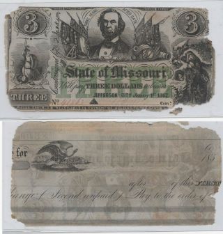 1862 $3 Three Dollars The State Of Missouri Jefferson City