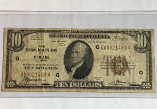 1929 $10 U.  S.  Brown Seal Federal Reserve Bank Note Of Chicago Us Currency