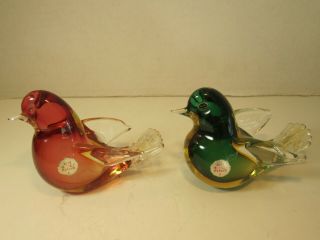 2 Vtg Murano Italy Art Glass Birds 1 Is Green & Yellow & 1 Is Cranberry - Yellow
