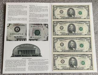 1995 Series Four 5 Dollar Bills Uncut Bureau Of Engraving And Printing
