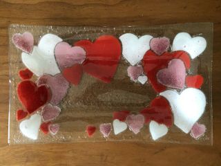 Sgnd Peggy Karr Fused Art Glass Lovers Hearts Valentine’s Day Candy Serving Tray