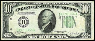 1934 $10 Saint Louis Frn Federal Reserve Bank Light Green Seal Note Fr.  2004 - H