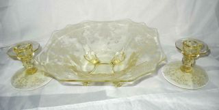 Cambridge Yellow Apple Blossom Console Set 11 1/2 " Footed Bowl & 4 " Candlesticks