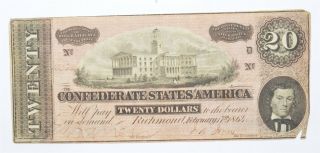 Civil War 1864 $20 C.  S.  A.  Over 150 Years Old Horse Blanket Note 176