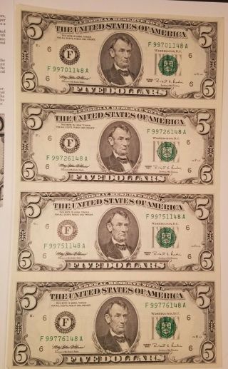 1995 Us $5 Dollar Uncut Sheet Of 4 Federal Reserve Notes