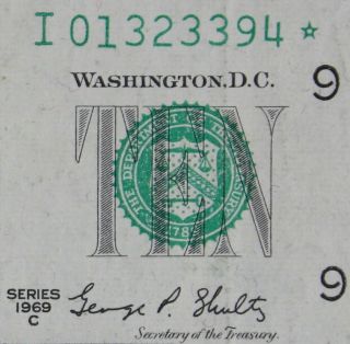 $10 1969c Star Federal Reserve Note I01323394 Series C,  Single Run 640k Print
