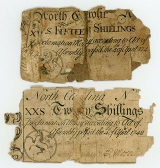 (pair) April 4,  1748 15 & 20 Shillings - North Carolina Colonial Currency Notes