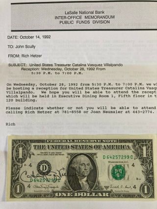 1988 $1 Dollar Bill Signed By Us Treasurer Catalina Vasquez Villalpando,