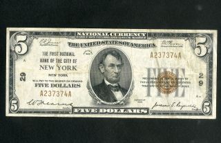 Us Paper Money 1929 $5 York National Banknote