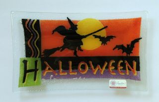 Peggy Karr Fused Glass Halloween Witch Silhouette Bats Rectangular Dish/tray
