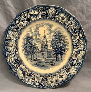 Antique Independence Hall Collector Plate Dish Staffordshine Liberty Blue 9 7/8 "