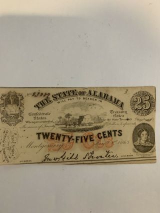 1863 State Of Alabama 25 Cent Obsolete Note