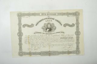Authentic - 1862 Confederate States - Civil War $500 Bond Certificate 026