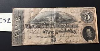 1864 Csa Confederate $5.  00 Richmond Virginia Note Currency Feb 17th 1864 (cs2)