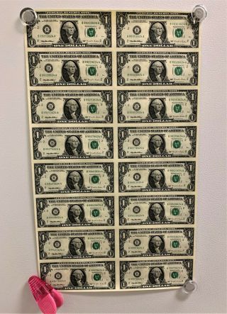 Uncut Sheet 16 One Dollar Bills $1 1995 Us Currency Dept Of The Treasury D.  C.