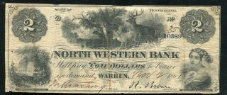1861 $2 The North Western Bank Warren,  Pennsylvania Obsolete Currency Note