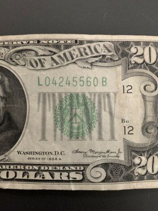 Series 1934 A Green Seal Federal Reserve $20 Twenty Dollars Note San Francisco 3