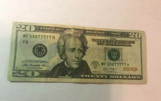2013 20 Dollar Federal Reserve Note - Lucky 7 - Serial Mf 58677777 H.  Fancy