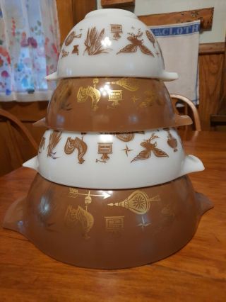 Pyrex Early Americana Brown Rooster Mixing Nesting Bowls Cinderella Full Set - 4