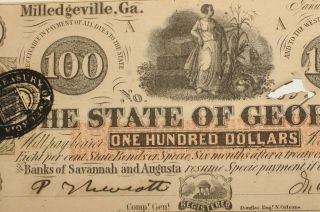 Milledgeville,  Ga Jan,  15th 1862 The State Of Georgia $100 Banknote 688g