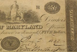 Jan,  2,  1832 Bank Of Maryland Baltimore,  Md $5 Obsolete Banknote 685g