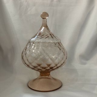 Vintage Mid Century Empoli Art Glass Pink Covered Candy Dish