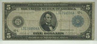 1914 $5.  00 Federal Reserve Note Circulated Looking Note
