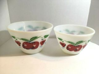Set Of 2 Vintage Fire King Apple & Cherry Design Milk Glass Bowls 16 Usa Made