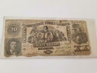 1861 $20 Confederate States Of America Note Early Issued From The Civil War 3098