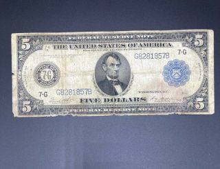 1914 Five Dollar Large Size Note 7 - G Chicago Illinois Blue Seal