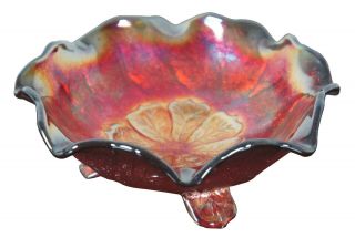 Imperial Glass Red Acanthus Carnival Ruffled Art Bowl Footed Compote Candy Dish