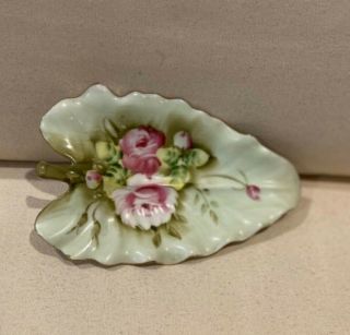 Vintage Lefton China Leaf Shaped Candy Dish W/ Hand Painted Roses 1860