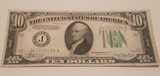 1934a $10 Dollar Bill J Federal Reserve Bank Of Kansas City,  Missouri