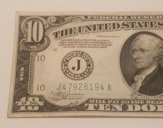 1934A $10 Dollar Bill J Federal Reserve Bank of Kansas City,  Missouri 3