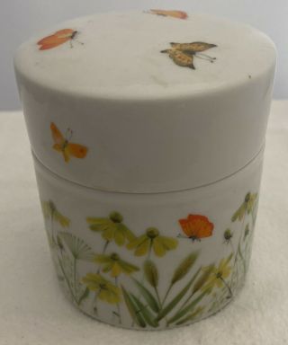 Vintage Porcelain 3 3/4”t Floral Butterfly Trinket Jar W Lid Counterpoint Japan