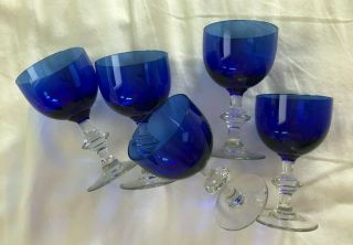 Vintage Unbranded Set Of 5 Cobalt & Clear Glass Wine Goblets