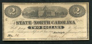 1863 $2 Two Dollars The State Of North Carolina Raleigh,  Nc Obsolete Note