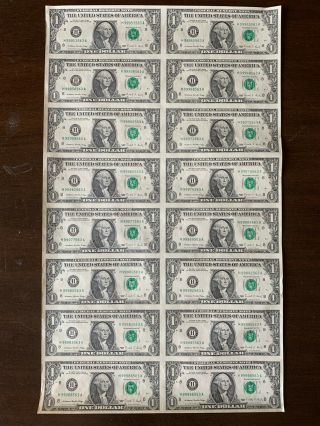 Fr - St.  Louis - Uncut Sheet 16 One Dollar Bills,  Us Currency,  1988