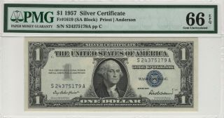 1957 $1 Silver Certificate Fr.  1619 Pmg Certified Gem Uncirculated 66 Epq