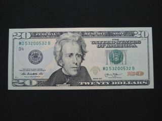 2013 $20 Us Dollar Bank Note Md 53200532 B 3 Digit Bookend Bill Usd Unc Cu
