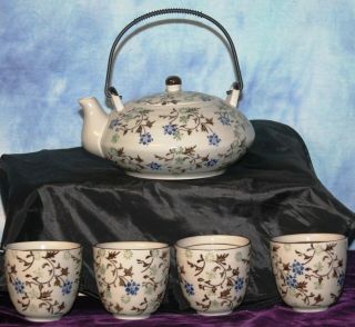 Pier 1 Mandarin Teapot,  4 Tea Cups Cobalt Blue and White Porcelain Tea Set 2